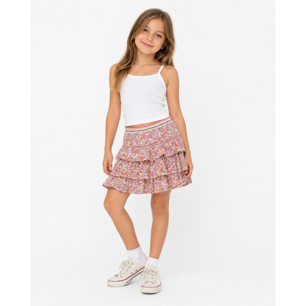 Mini Boden Girls Tiered Ruffle Floral Mini Skort Rainbow Elastic Waist Pink